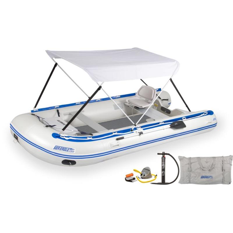 Sea Eagle 14 SR Sport Runabout Inflatable Boat Swivel Seat & Canopy In White Front View