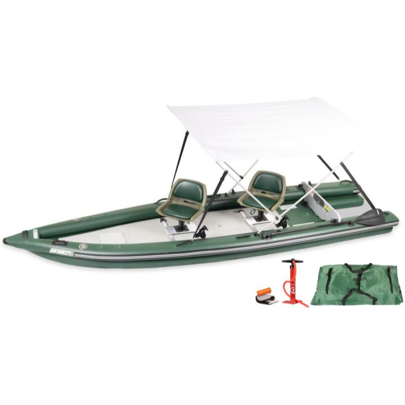 Sea Eagle FishSkiff 16 Inflatable Fishing Boat Swivel Seat Canopy In Green Front View