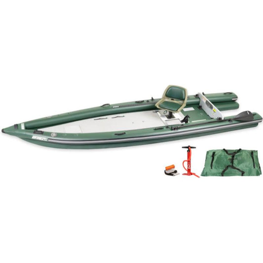 FishSkiff 16 Inflatable Fishing Boat Start Up In Green Front View